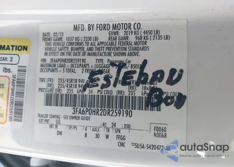 2013 Ford Fusion Se z USA, uszkodzony, nr VIN 3FA6P0HR2DR259190